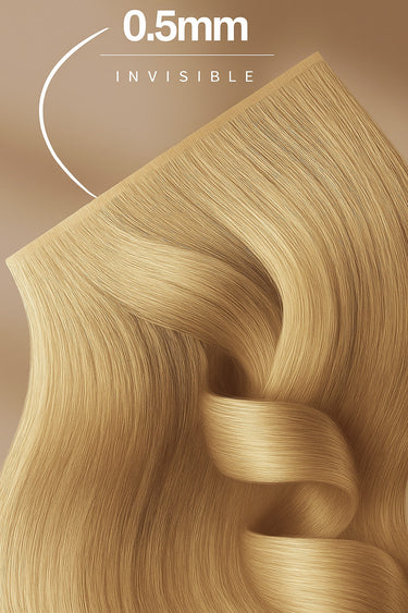 Extreme close-up of the invisible tape-in root in Natural Golden Brown & Light Blonde – Rubin Extensions®