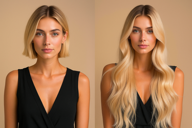 Model with full, natural-looking hair from Honey Blonde tape-in extensions – Rubin Extensions®