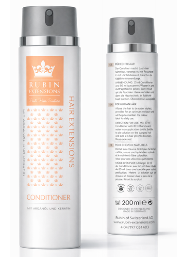 Packaging of the Rubin Extensions conditioner for human hair extensions, 200 ml – Rubin Extensions®
