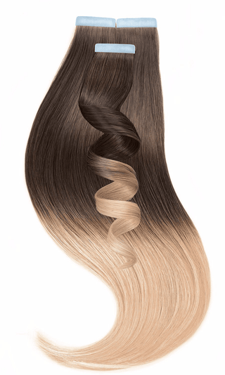 TAPE-IN EXTENSIONS ECHTHAAR,SOMBRÉ-BALAYAGES, Kastanien-Dunkelbraun & Honigblond.