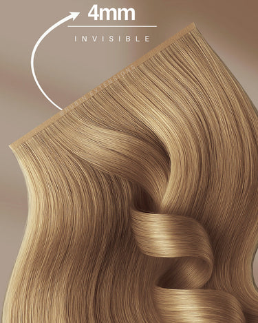 Close-up of glossy Natural Golden Brown Remy human hair, tape-in extensions – Rubin Extensions®
