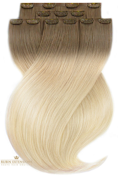 Shadowed Blonde Ombré Diamond Line clip-ins, full view, 30–50 cm, 100% human hair – Rubin Extensions®