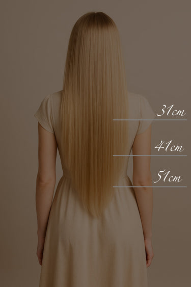 Model showing full, lengthened hair with Natural Golden Brown tape-in extensions, up to 56 cm – Rubin Extensions®