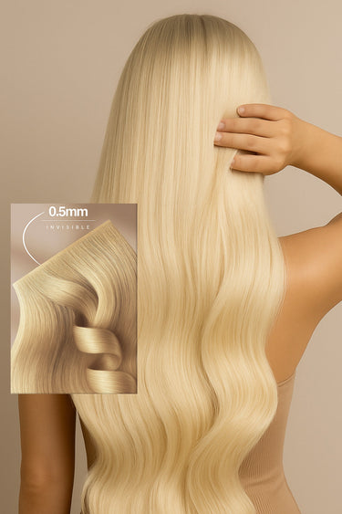 Lifestyle shot of a model with radiant Golden Blonde tape-in extensions – Rubin Extensions®