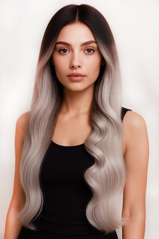 TAPE-IN EXTENSIONS ECHTHAAR, Kurzer Ansatz , Schwarz & Light Pink Silberblond.