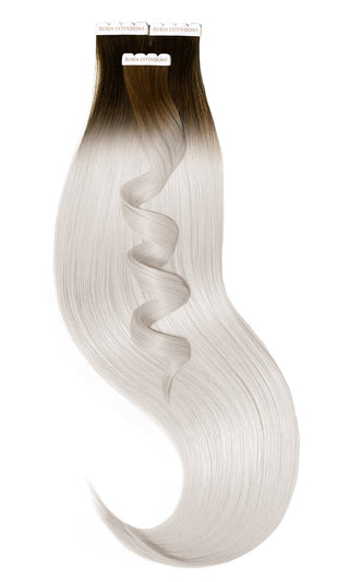 TAPE-IN EXTENSIONS ECHTHAAR  Kurzer Ansatz, Schoko-Dunkelbraun & Silberblond.
