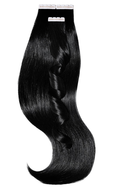 Black Premium Line tape-in extensions laid out in lengths from 25 to 55 cm, 100% human hair – Rubin Extensions®