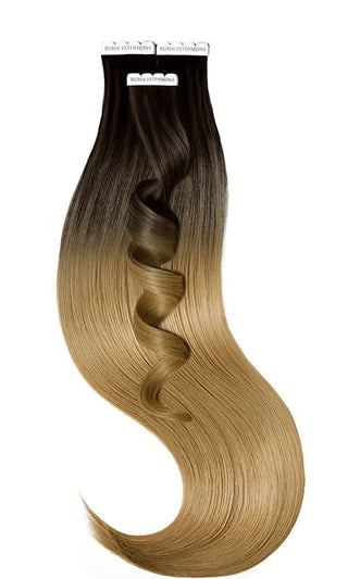 TAPE-IN EXTENSIONS ECHTHAAR, SOMBRE-BALAYAGES, Schwarz-Braun & Hellbraun-Karamell.