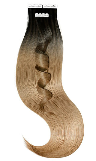 TAPE-IN EXTENSIONS ECHTHAAR, SOMBRÉ-BALAYAGES, Schwarz & Hellbraun-Karamell.